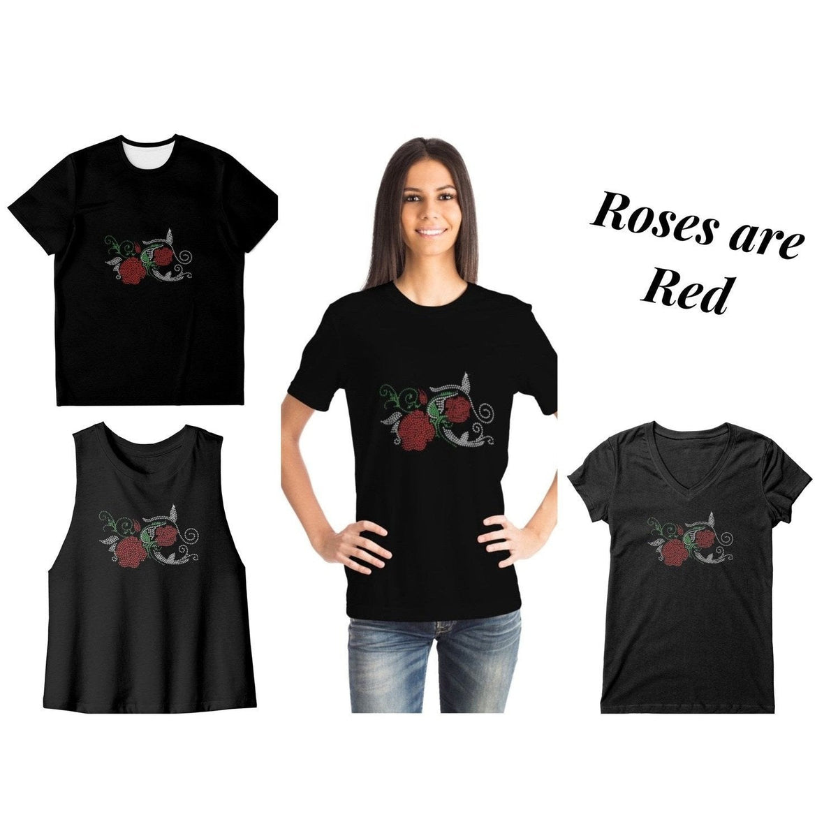Rhinestone Red Rose Tee Shirt Crew Neck, V Neck, Tank Top