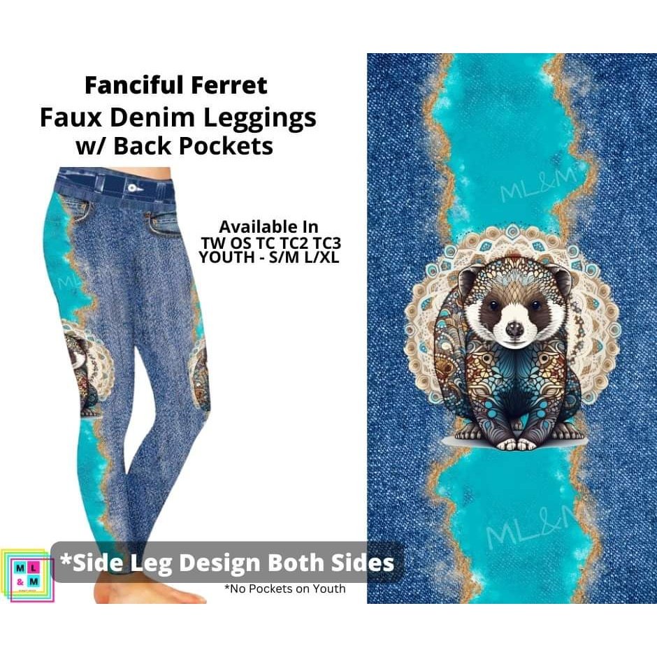 Fanciful Ferrets Full Length Faux Denim w/ Side Leg Designs