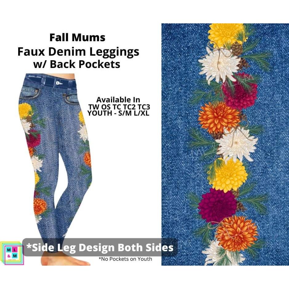 Fall Mums Full Length Faux Denim w/ Side Leg Designs