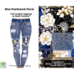 Blue Patchwork Floral Faux Denim Full Length Peekaboo Leggings Back Pockets