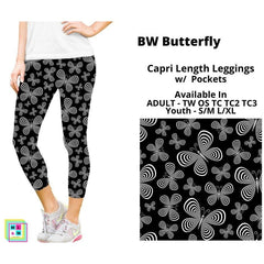 Black White Butterfly Capri Length Leggings with Pockets