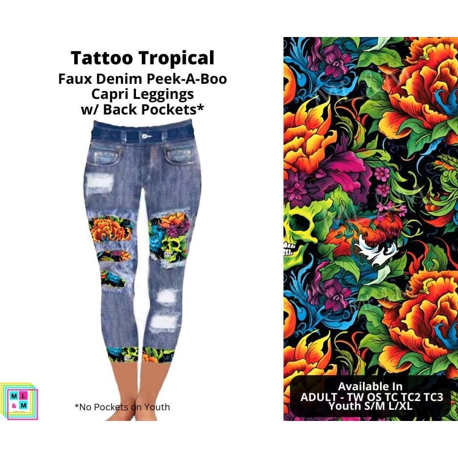 Tattoo Tropical Faux Denim Peekaboo Capris