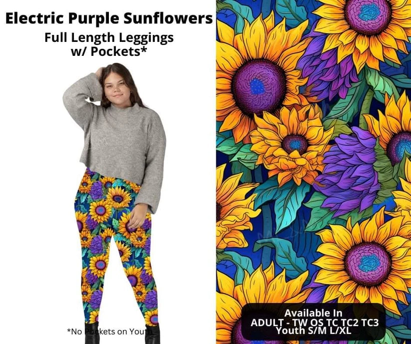 Electric Purple Sunflowers Full Length Leggings w/ Pockets