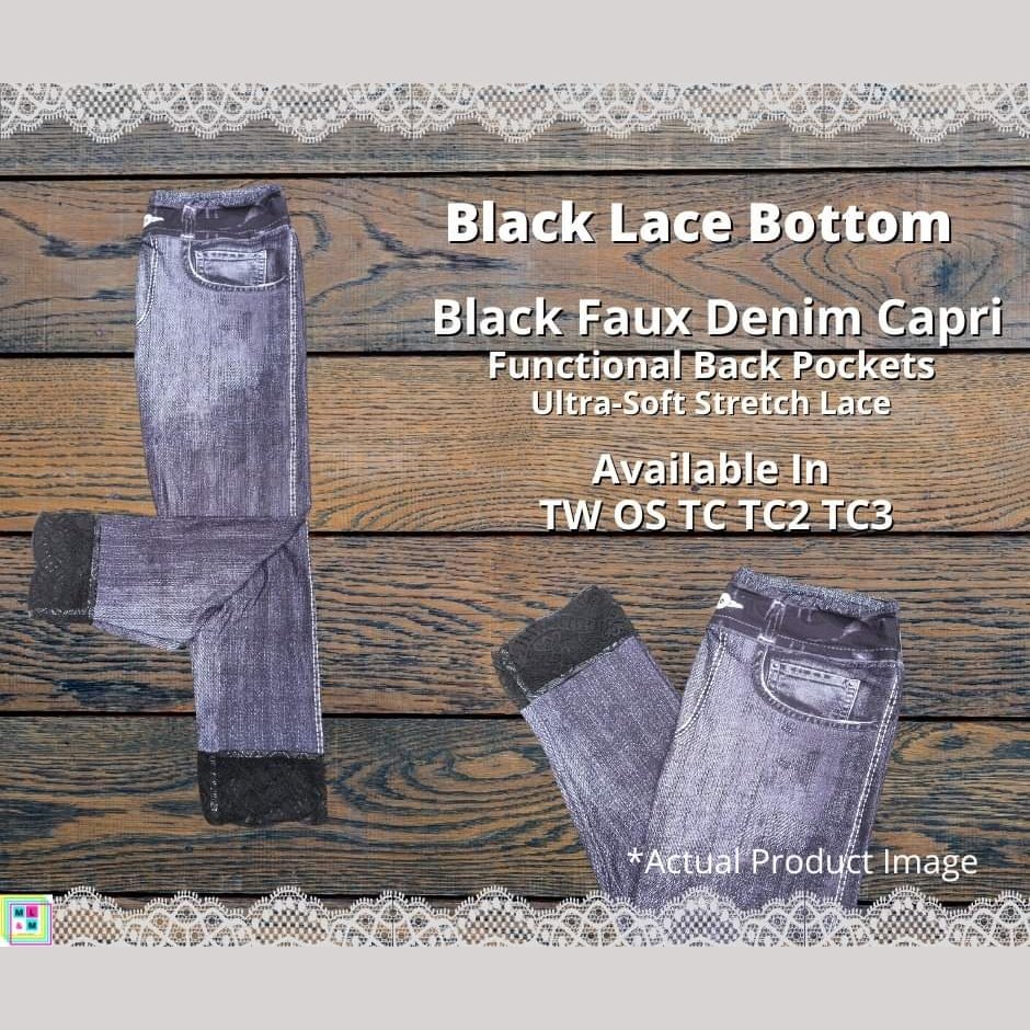 Black Faux Denim Capris w/ Black Lace