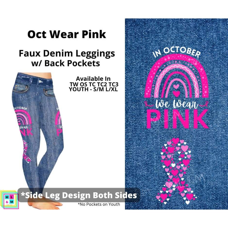 In October We Wear Pink Awareness Full Length Faux Denim w/ Side Leg Designs
