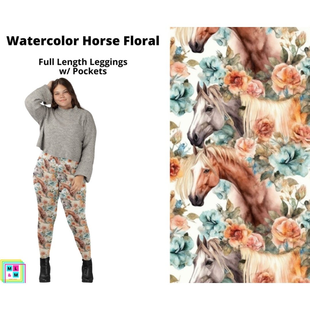 Watercolor Horse Floral Full Length Leggings w/ Pockets