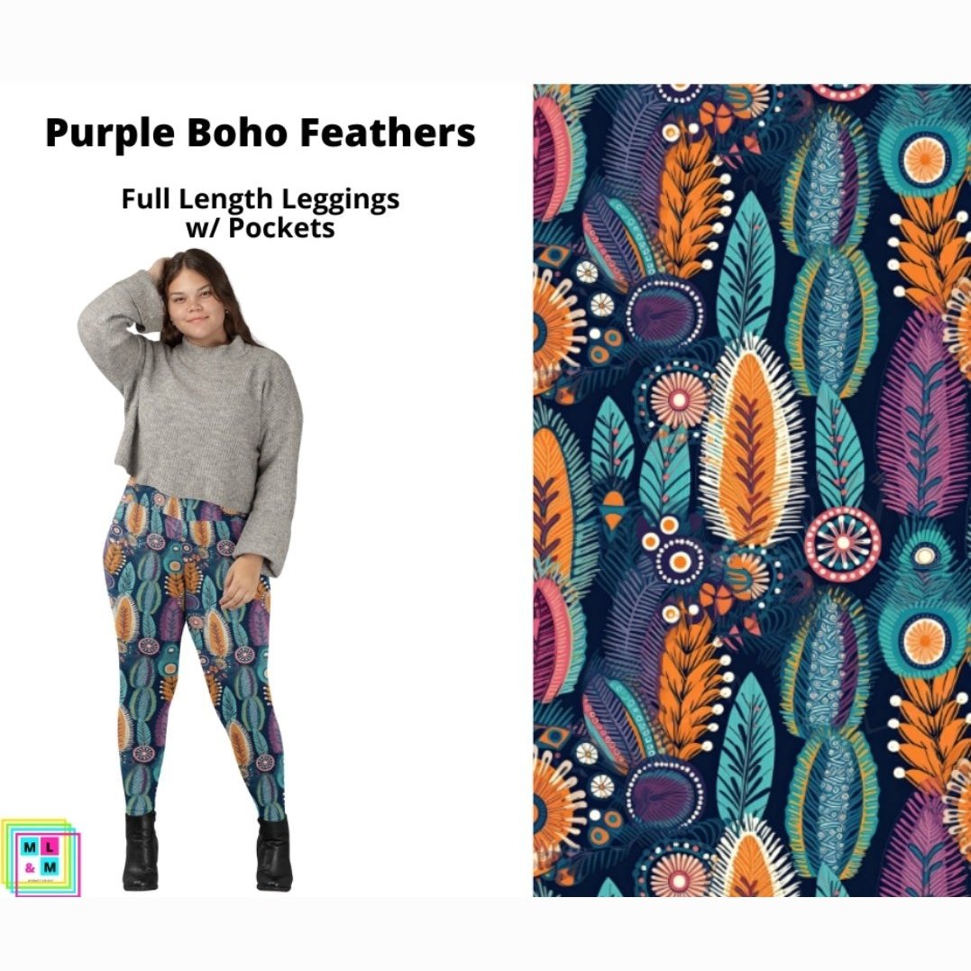 Purple Boho Feathers Full Length Leggings w/ Pockets