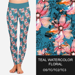 Teal Watercolor Floral Leggings w/ Pockets