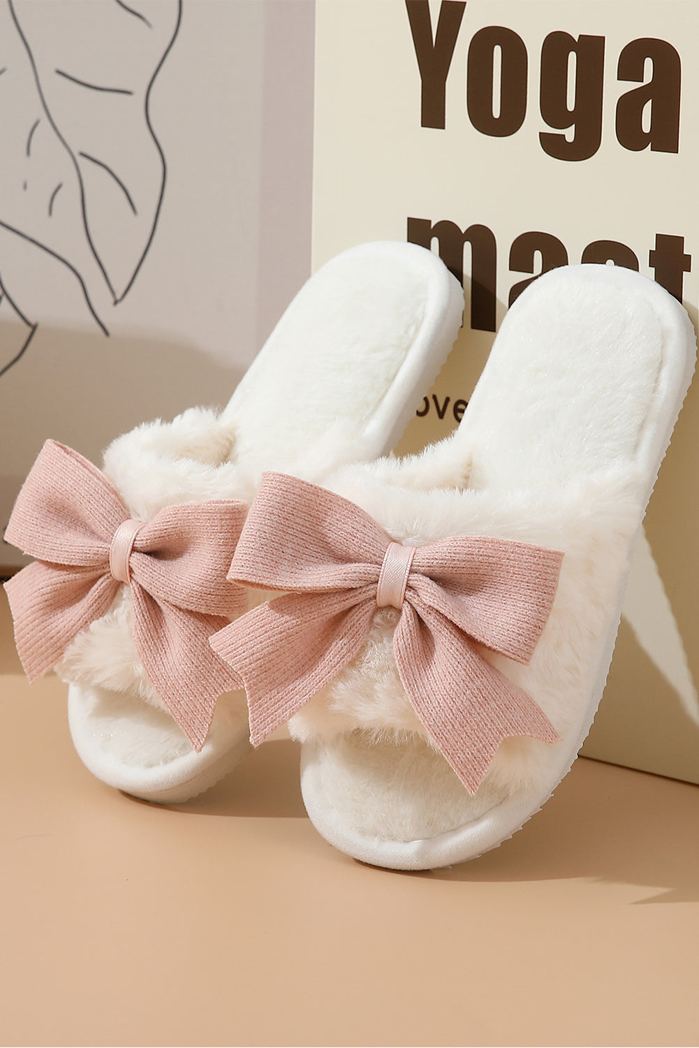 Pre Order White Cute Bowknot Home Fluffy Slippers