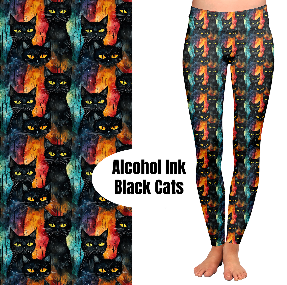 Black Ink Cats Leggings with Pocket Full Length