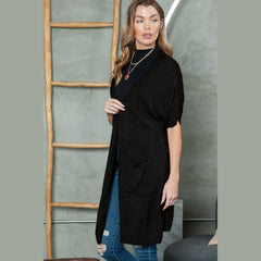 Black Dolman Half Sleeve Pocketed Long Cardigan