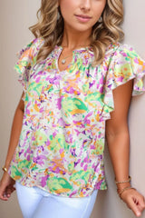 Abstract Printed Ruffled Short Sleeve Notched Neck Blouse