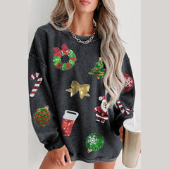Black Christmas Graphic Sequins Patch Corded Sweatshirt