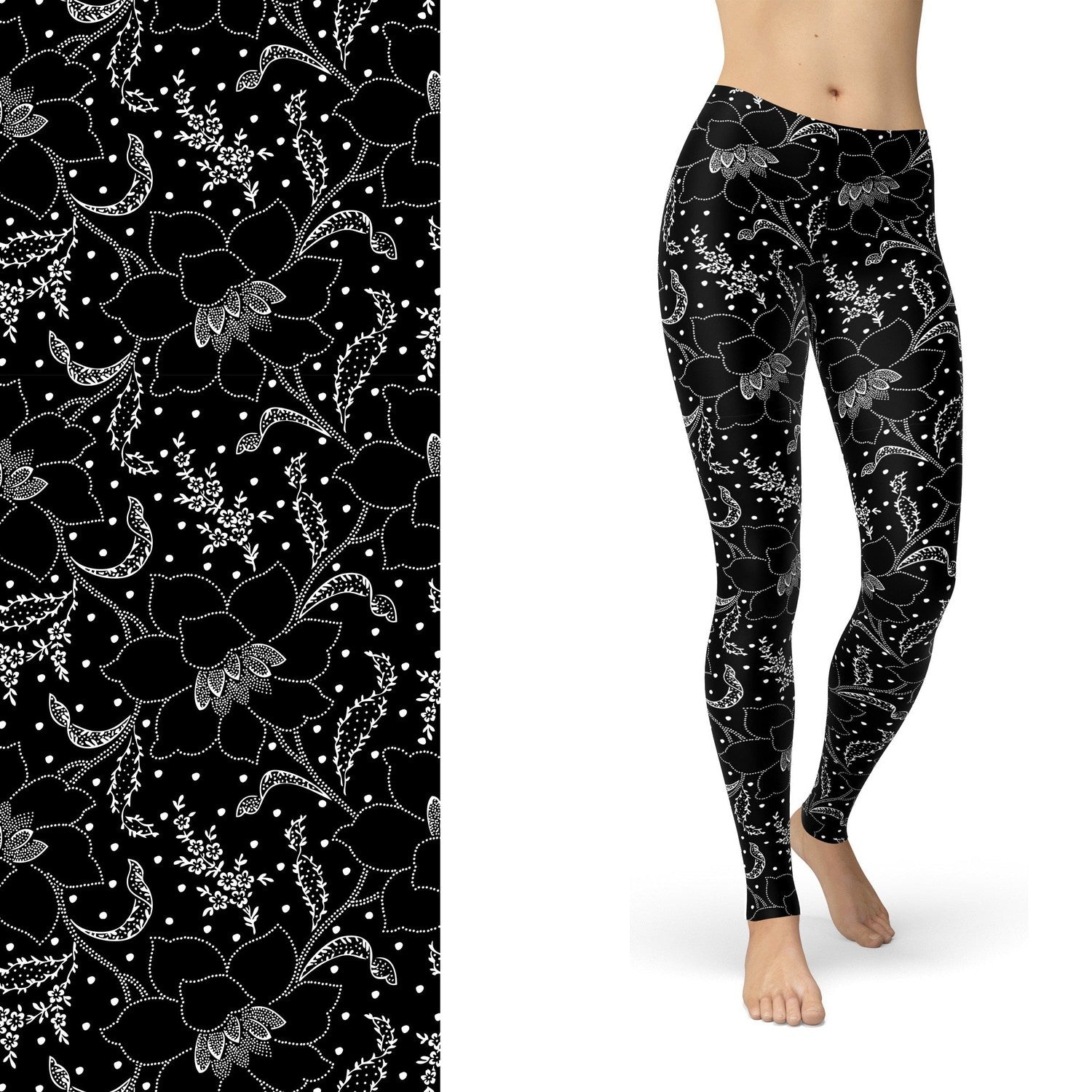 Dotted Flowers in Black and White Full Length leggings with Pockets