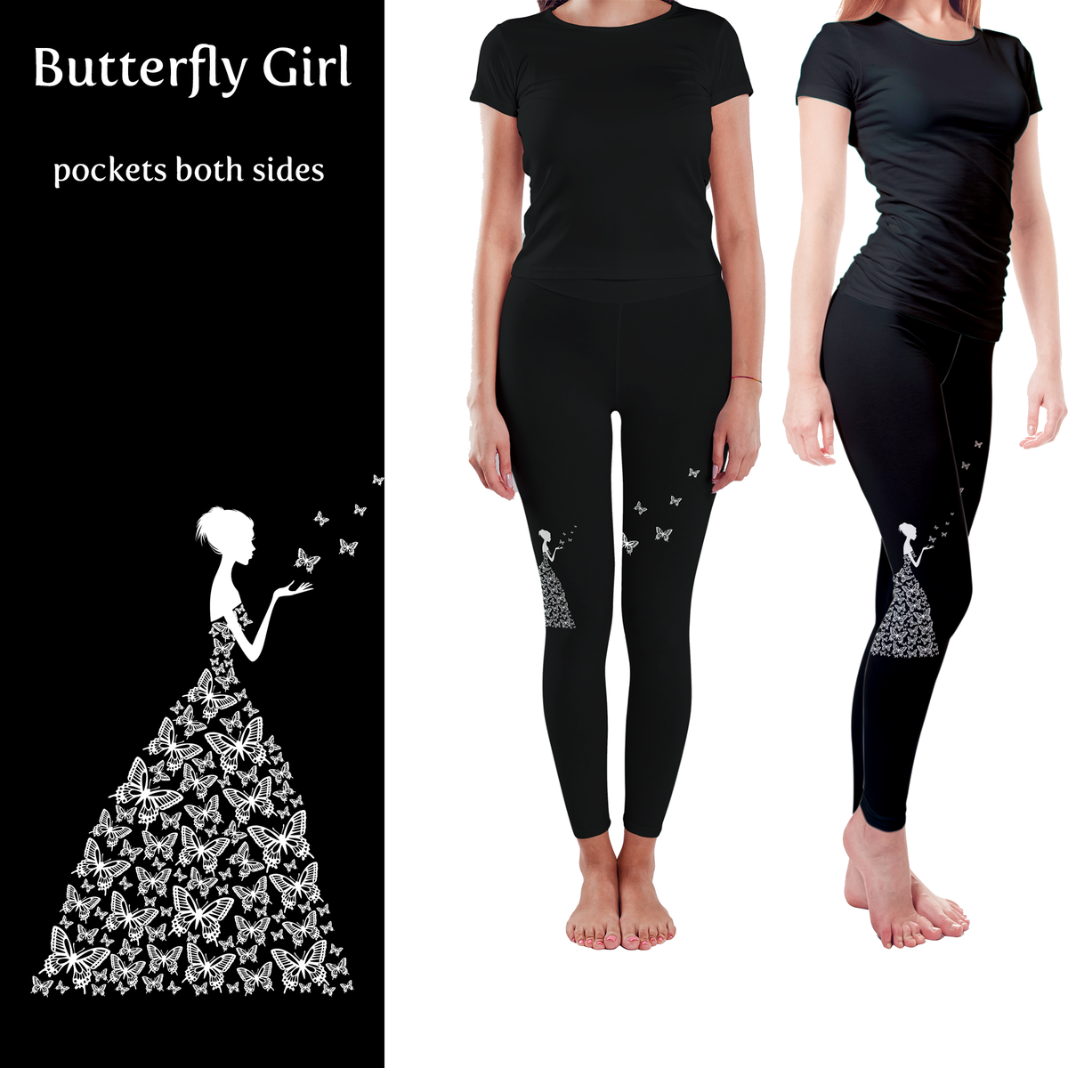 Pastel Black White Butterfly Girl Handmade Leggings with Pockets