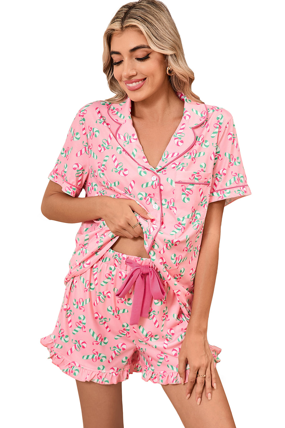 Pink Christmas Candy Cane Print Knotted Pajama Set