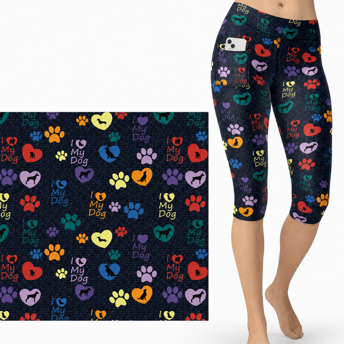 Dog Love Capri Leggings with Hearts and Paw Prints Small Print- Fur Baby - Dog Rescue