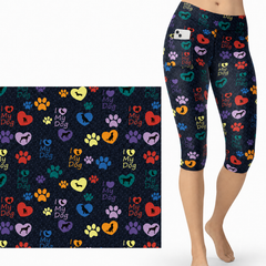 Dog Love Capri Leggings with Hearts and Paw Prints Small Print- Fur Baby - Dog Rescue