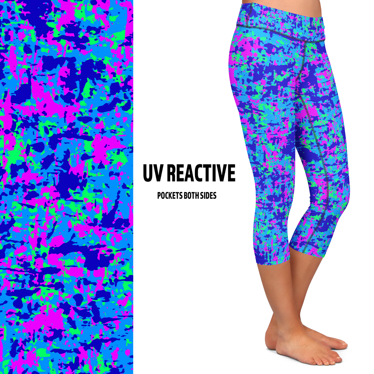 UV Reactive Fluorescent Neon Camo Capri Leggings with pockets