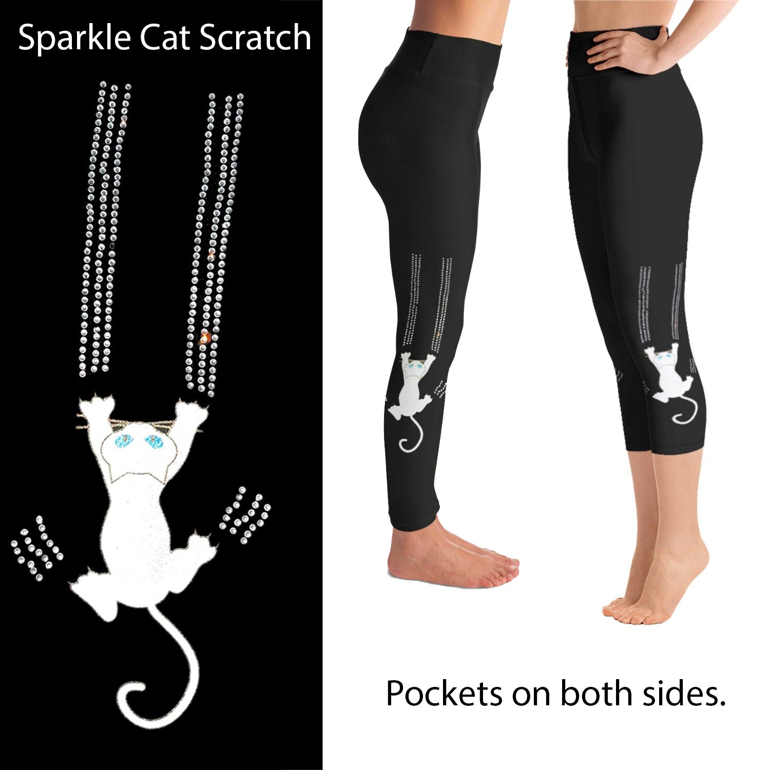 Black Cat Claw Scratch Capri Leggings Rhinestone and Glitter - Black / Cat Print / Cat Lover / Cat Pants / Cat RTS