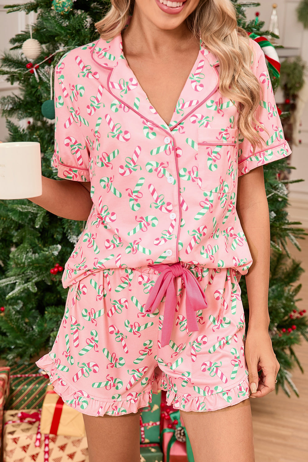 Pink Christmas Candy Cane Print Knotted Pajama Set