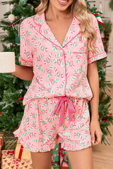 Pink Christmas Candy Cane Print Knotted Pajama Set