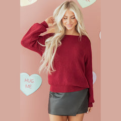 Red Dahlia Ribbed Knit Ribbon Knot Backless Drop Shoulder Sweater