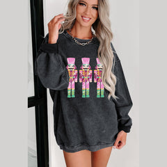 Black Nutcracker Graphic Sequins Patch Mineral Wash Corded Sweatshirt