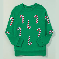 Green Christmas Candy Cane Graphic Sequins Patch Pullover Sweatshirt