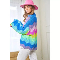 Rainbow Multi Color Wavy Knit Sweater Cardigan S-3X