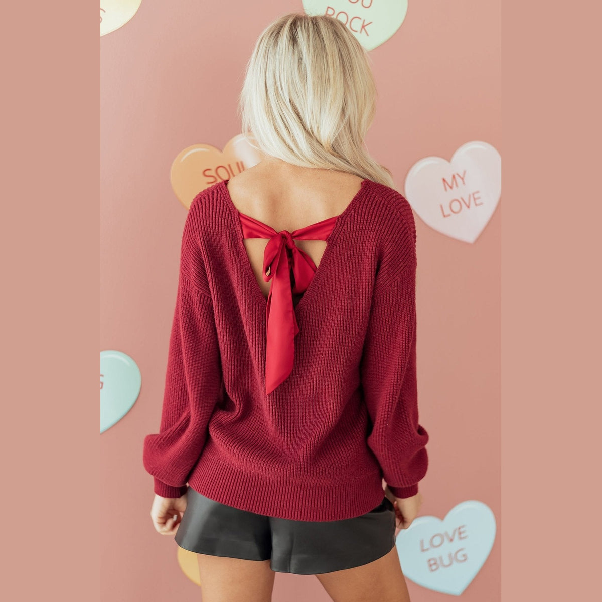 Red Dahlia Ribbed Knit Ribbon Knot Backless Drop Shoulder Sweater