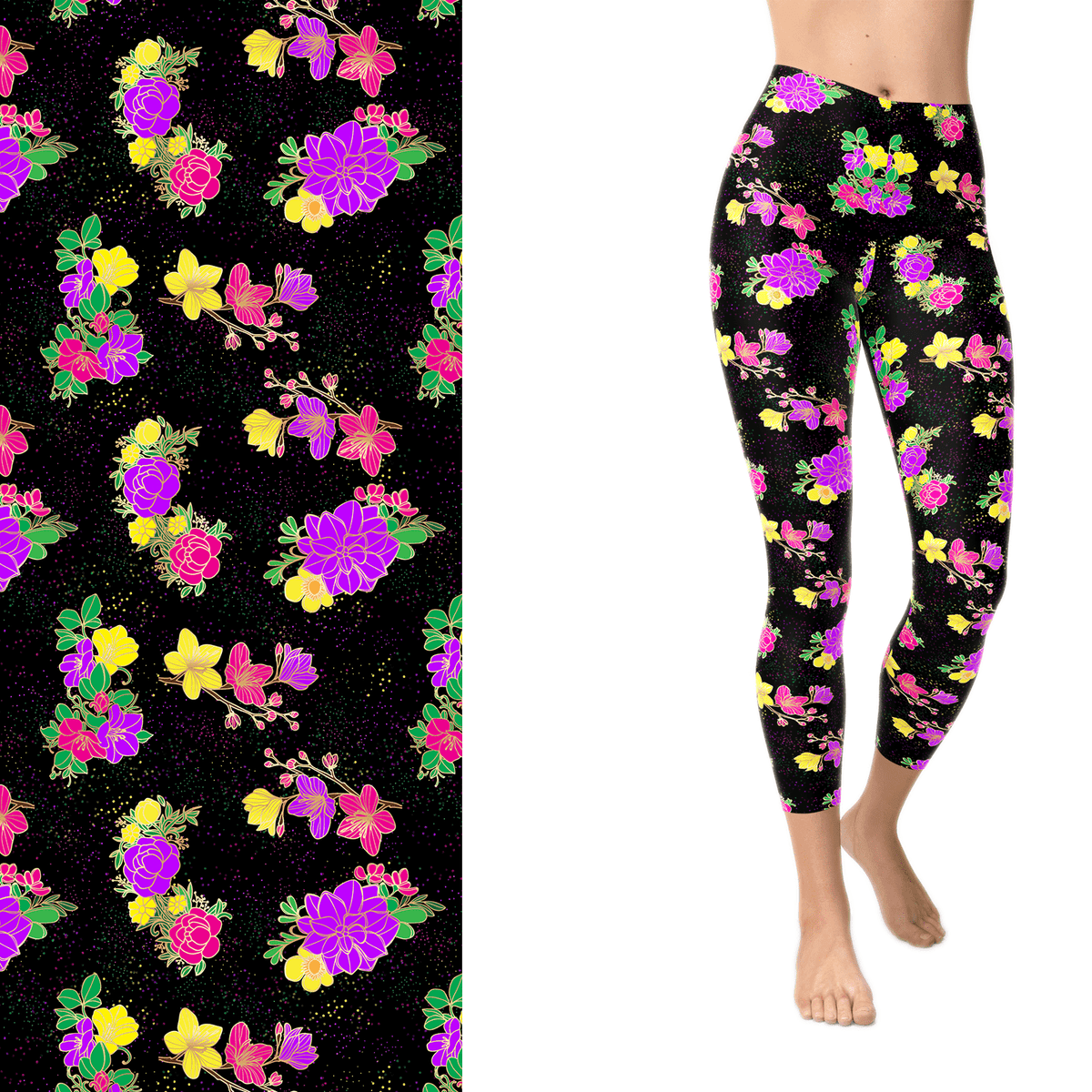 Neon Painted Flowers Full Length leggings with Pockets