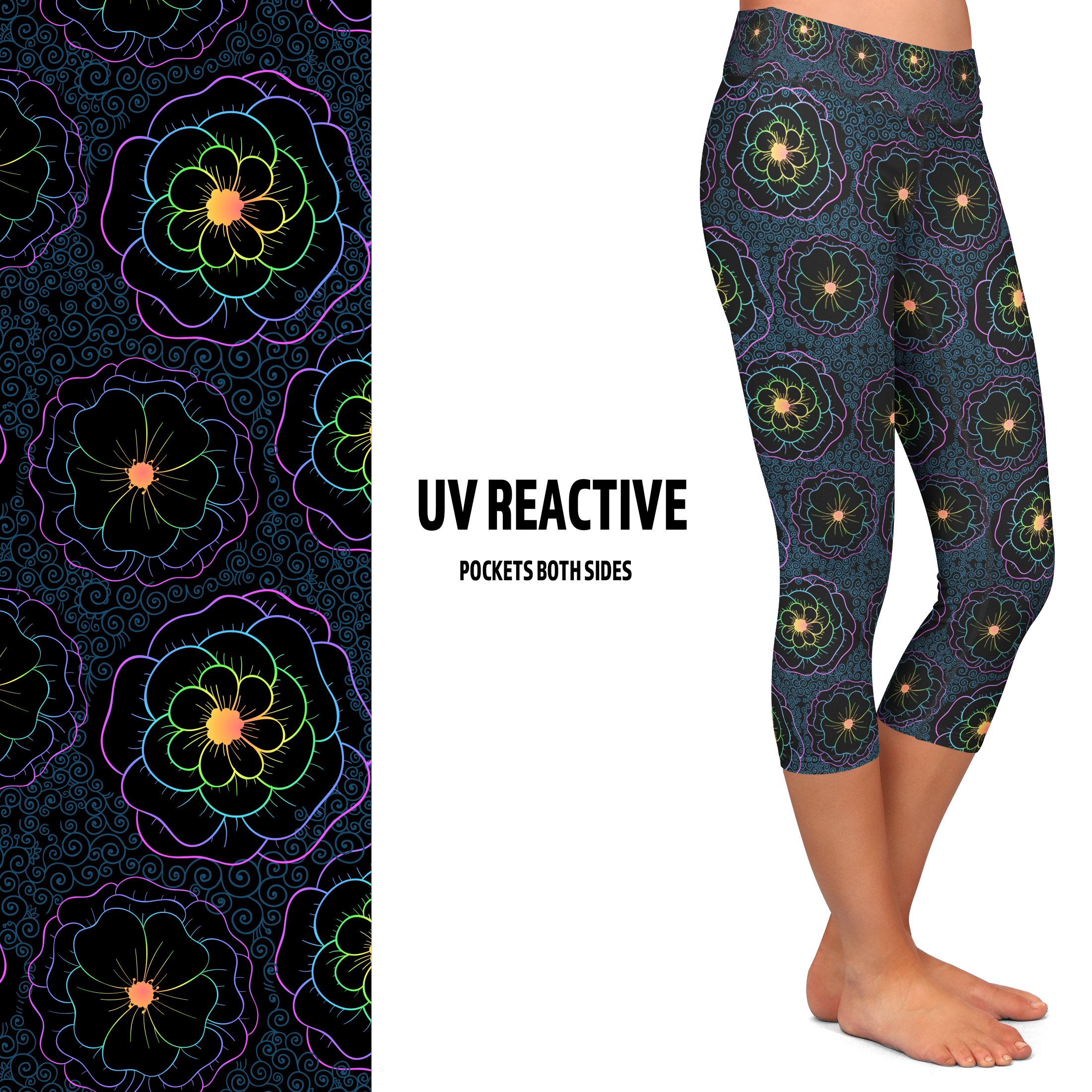 Fluorescent Glow Flowers Capri Length Leggings with pockets