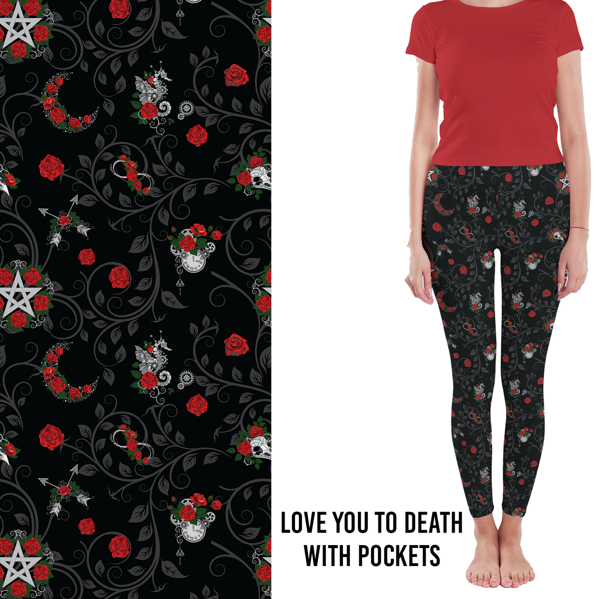 Love You to-Death Gothic Rose Leggings with Pockets