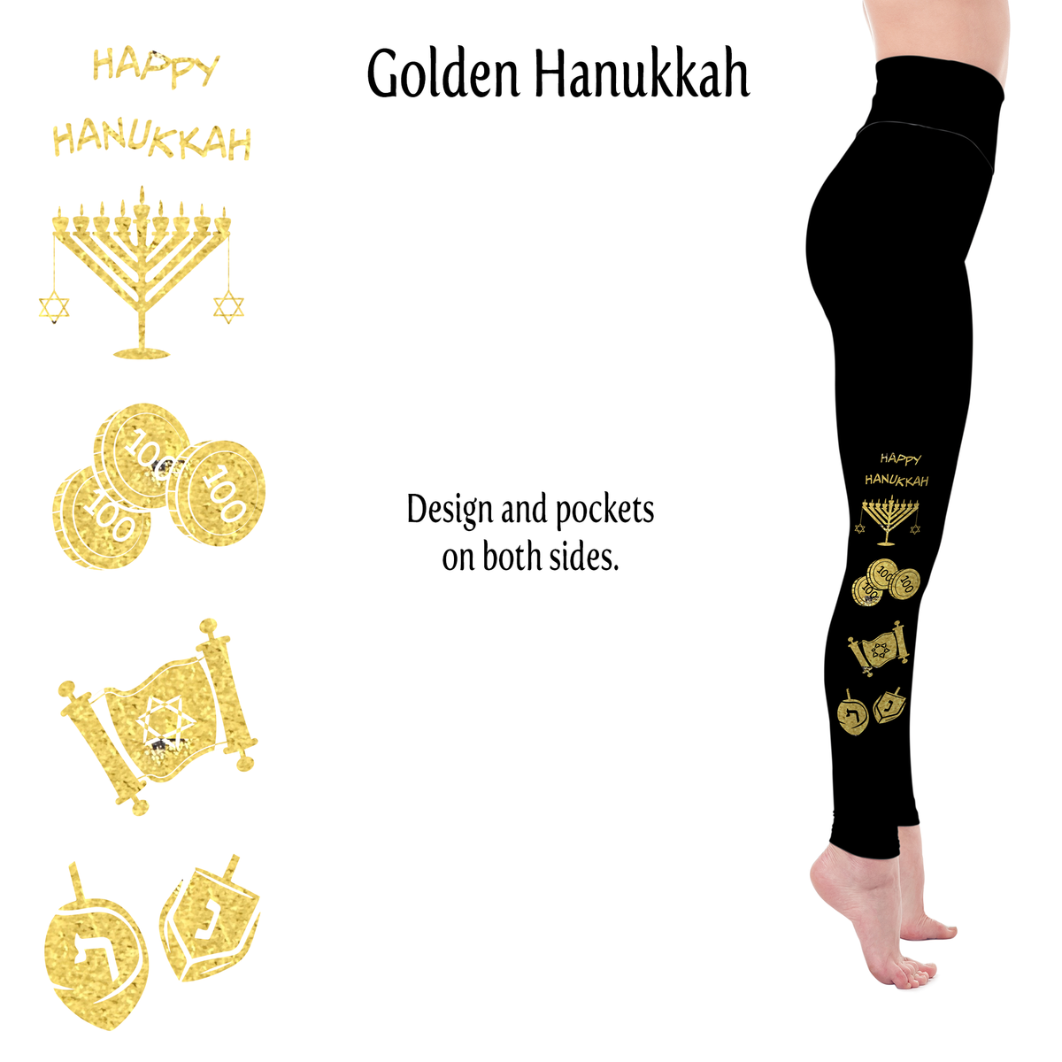 Golden Hanukkah Handmade Leggings with Pockets