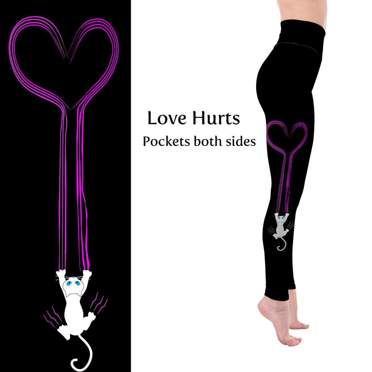 Kitty Scratch Love Heart Handmade Leggings with Pockets