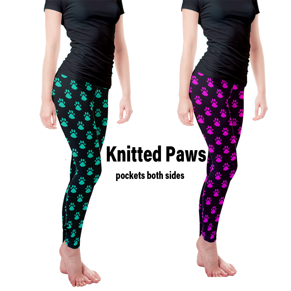 Knitted Paws Teal or Pink Leggings with Pockets