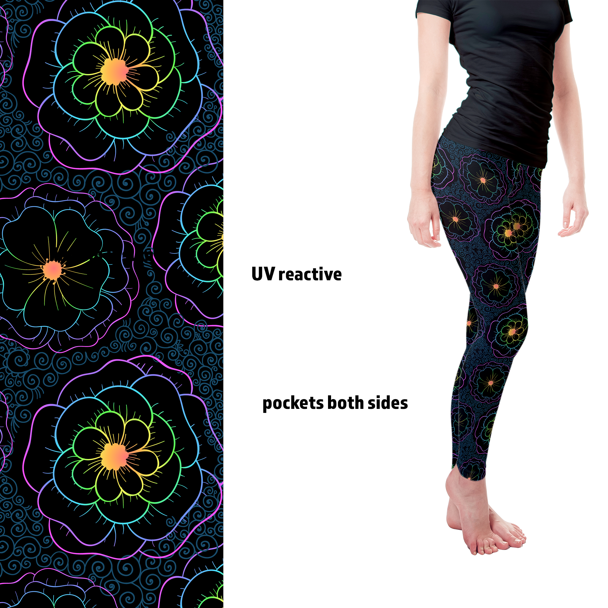 Fluorescent Glow Flowers Full Length Leggings with pockets