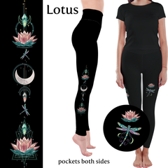 Lotus Flower Dragonfly Handmade Leggings with Pockets