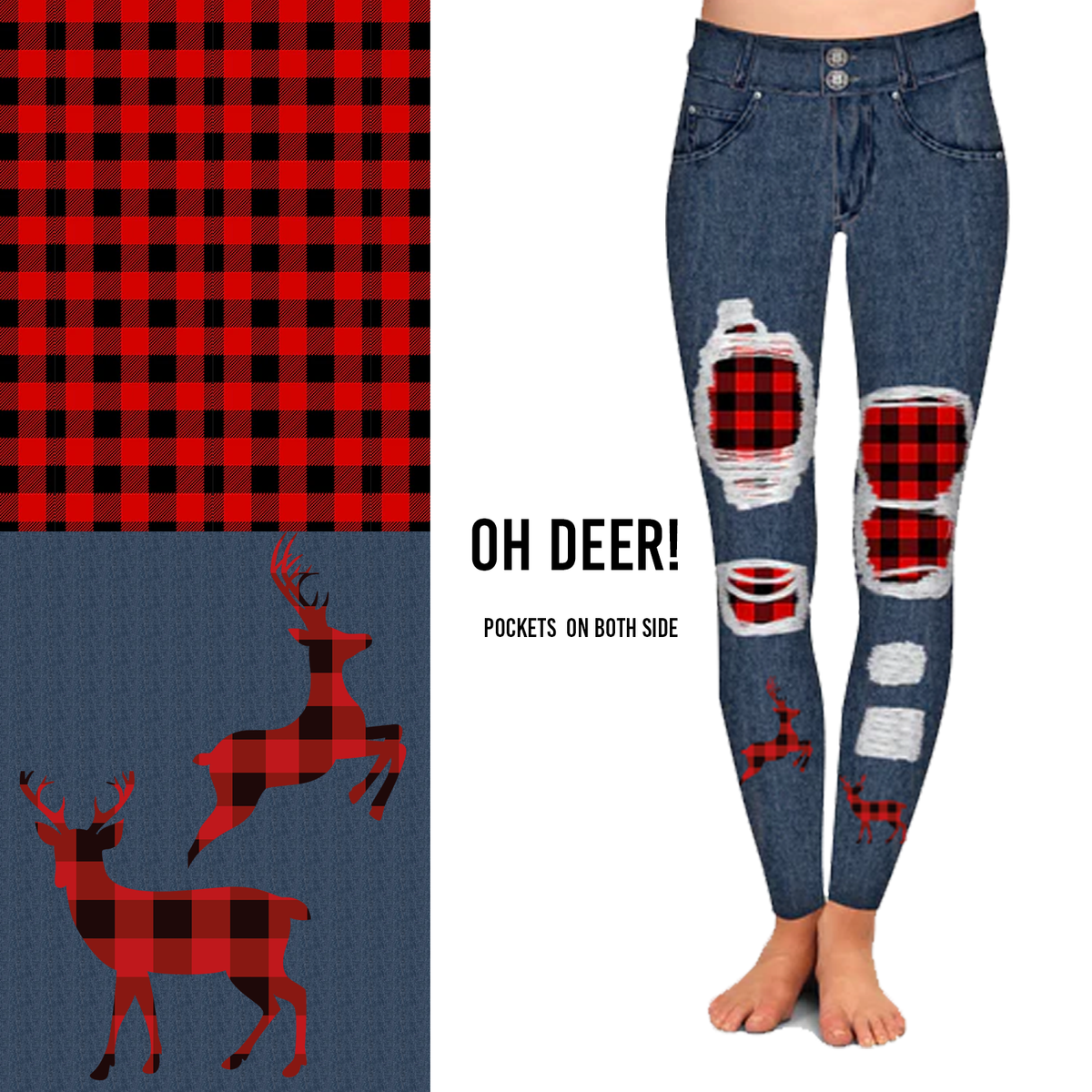 Buffalo Plaid Deer Distressed Faux Denim  leggings with Pocket