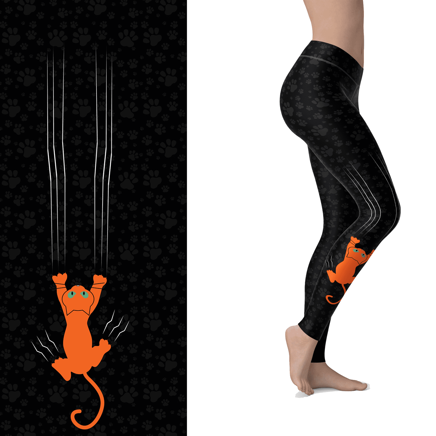 Black orange Cat Scratch Leggings with Pockets Kitten
