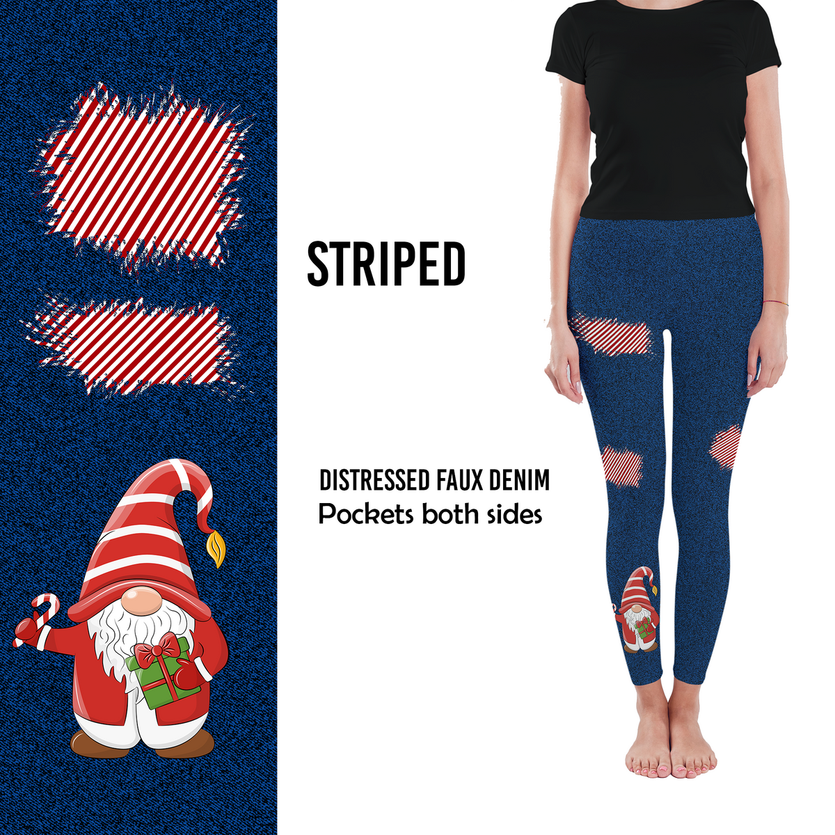 Striped Distressed Faux Denim Gnome leggings with Pocket