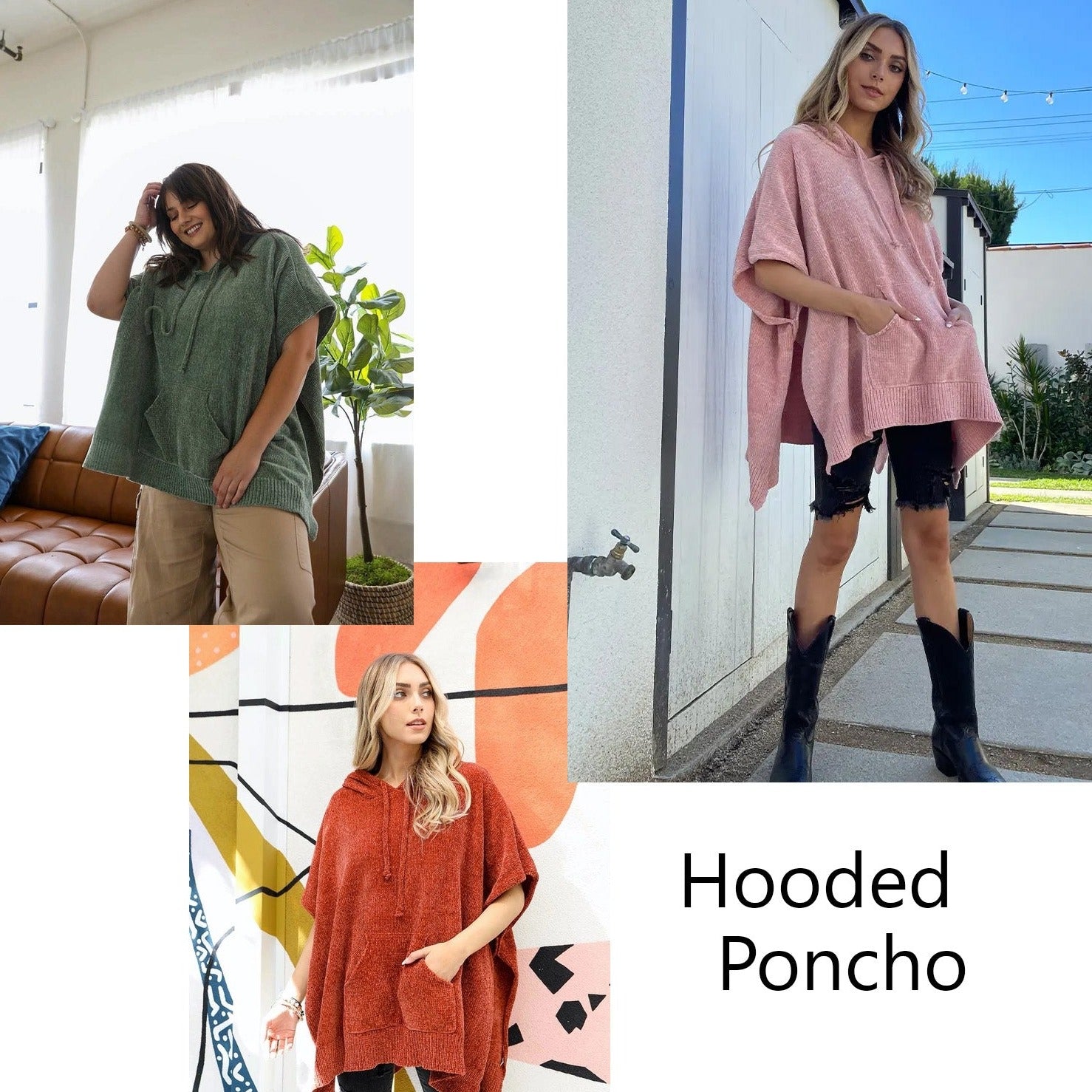 Soft Poncho with Hood - One size In Pink, Rust, or Sage
