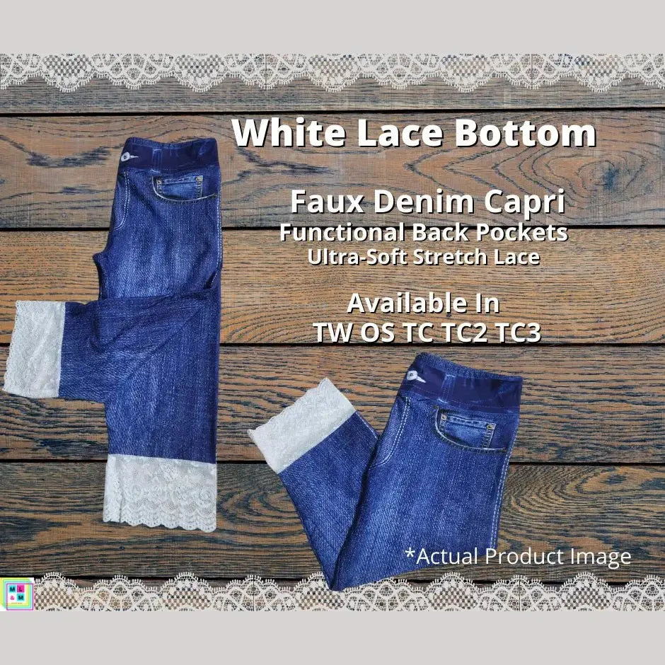 Faux Denim Capris w/ White Lace