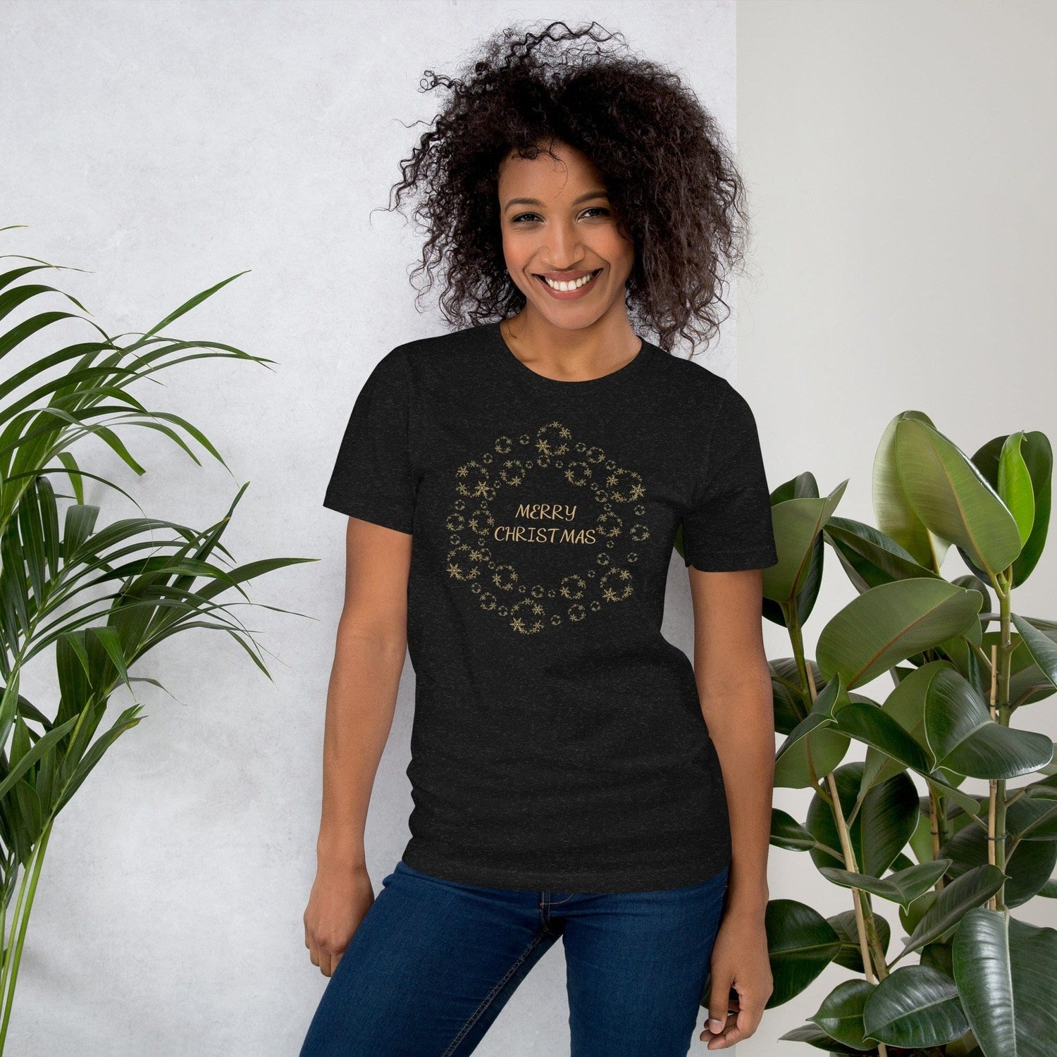 Gold Merry Christmas Tee Shirt Crew Neck, V Neck, Long Sleeve