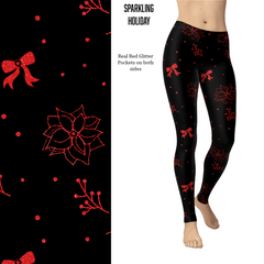 Red Glitter Pointsetta, Bow, Holiday Berry Holiday Leggings with Pockets