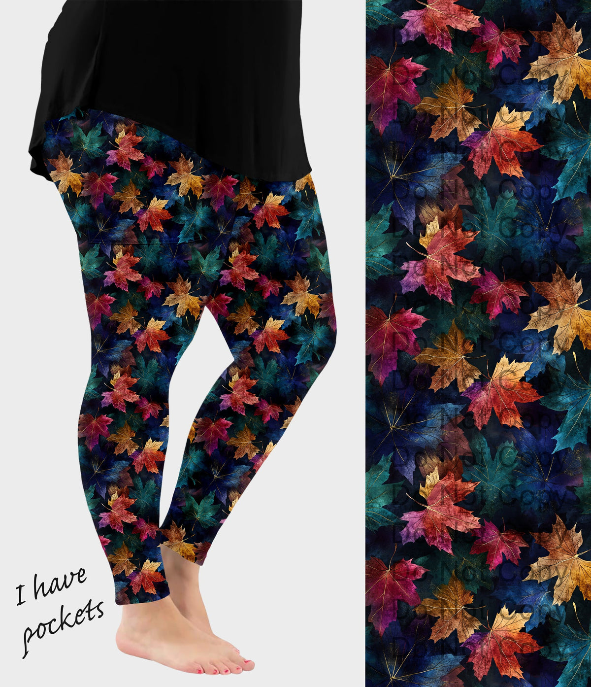 Fall Leaves Leggings with Pockets, Colorful Autumn Maple Leaf Leggings