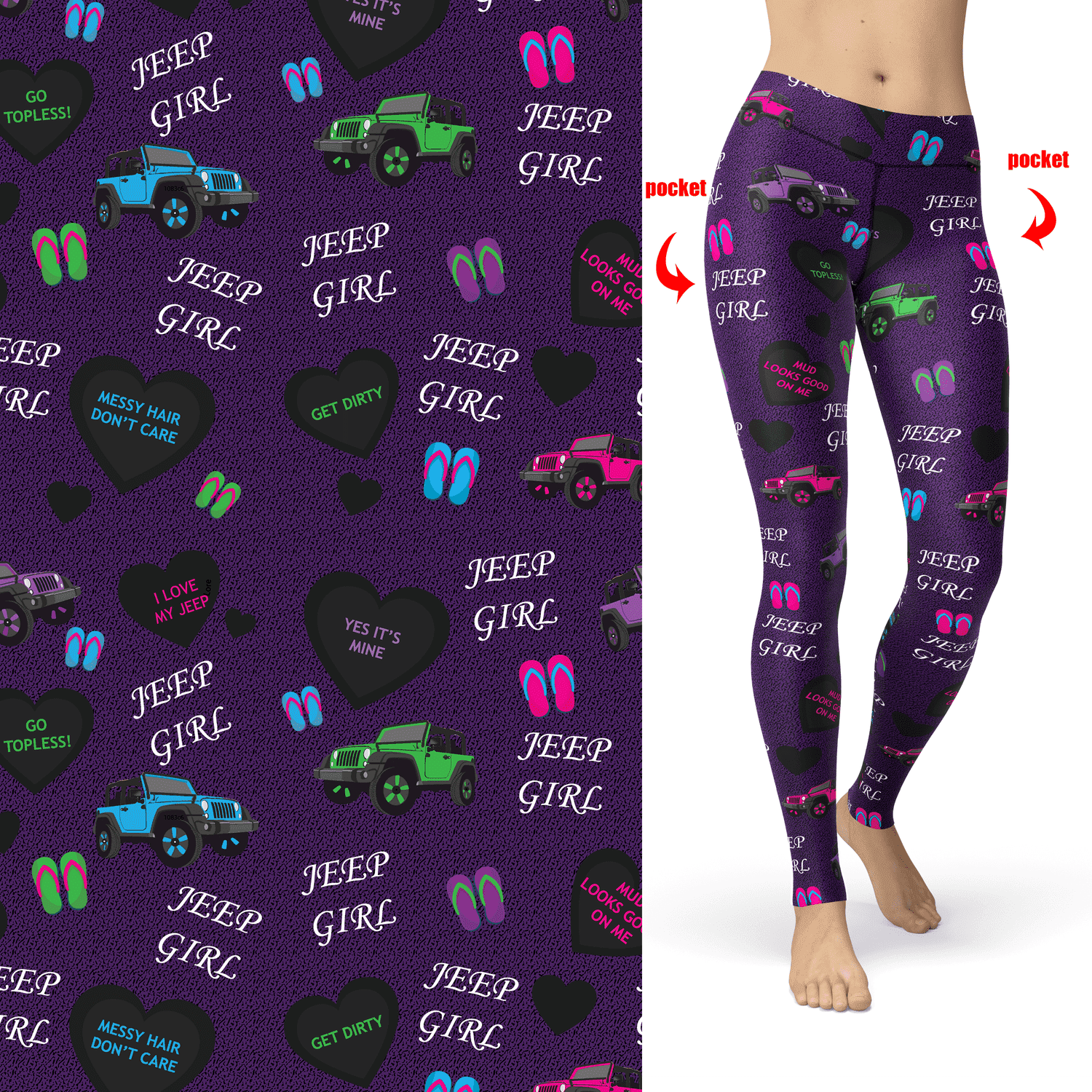 Purple Jeeper Girl Leggings with Pockets- flip flops - hearts - Go Topless - Get Dirty - Jeepers -  Purple
