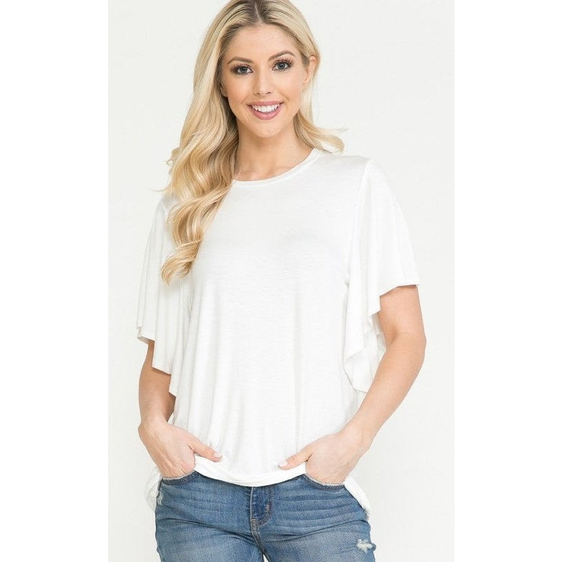 Solid Short Butterfly Sleeve Round Neck Top