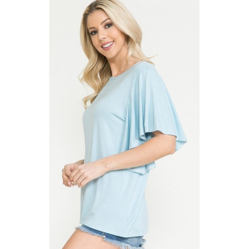 Solid Short Butterfly Sleeve Round Neck Top